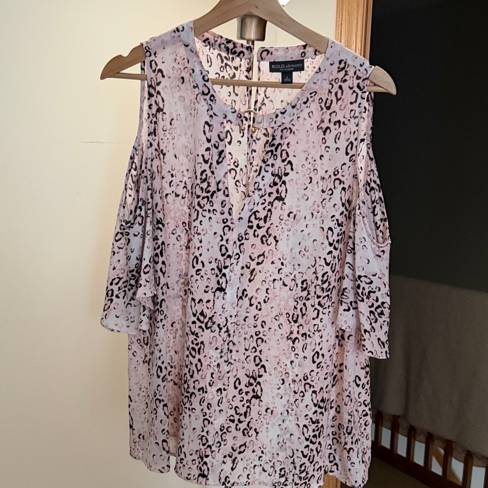 New York & Company Blush Leopard Print Cold Shoulder Blouse